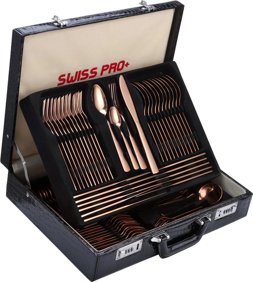 Swiss Pro+ Bestekset In Koffer-72 Delig-12 Persoons-Zwitsers Kwaliteit-Complete Set-100% Roestvrijstaal-Rose Gold 24k-Rose Goud 24K 1 Swiss Pro+ Bestekset In Koffer-72 Delig-12 Persoons-Zwitsers Kwaliteit-Complete Set-100% Roestvrijstaal-Rose Gold 24k-Rose Goud 24K