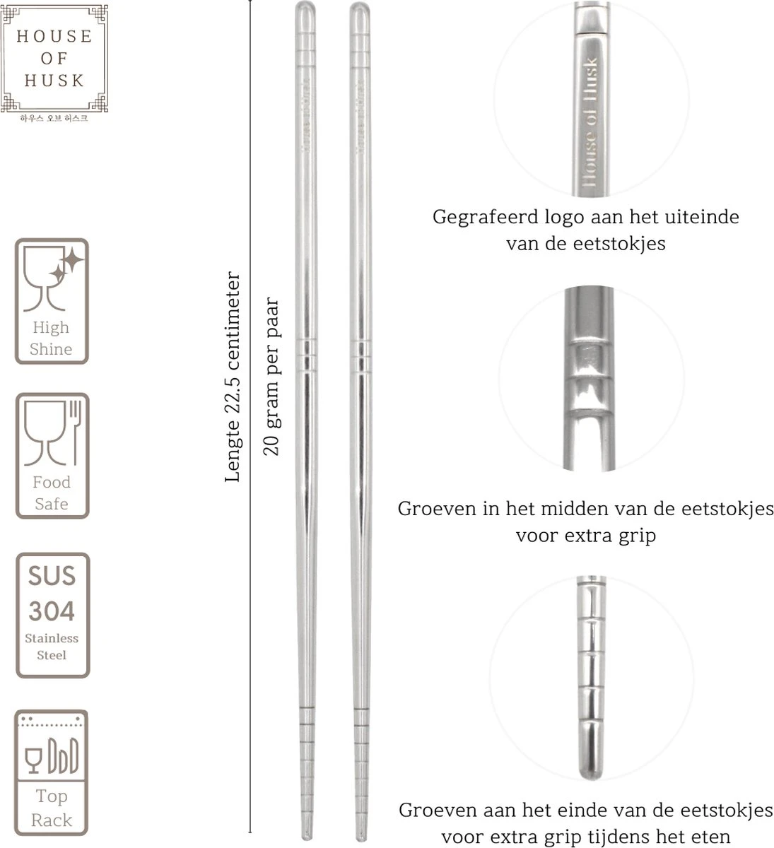 House Of Husk Chopsticks Set - Koreaanse Eetstokjes - Vaatwasserbestendig - RVS - 5 Paar - Zilver 2 House Of Husk Chopsticks Set - Koreaanse Eetstokjes - Vaatwasserbestendig - RVS - 5 Paar - Zilver - Afbeelding 2