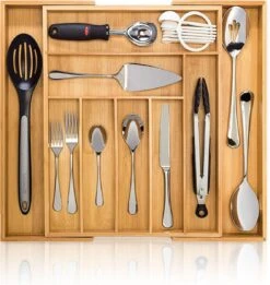 AMEFA Winkel 30 ACAZA Uitschuifbare Bestekbak In Bamboe Hout, Besteklade Met 7 Tot 9 Vakken, Ladeverdeler, Opbergbak, Bestekcassette, Verstelbaar