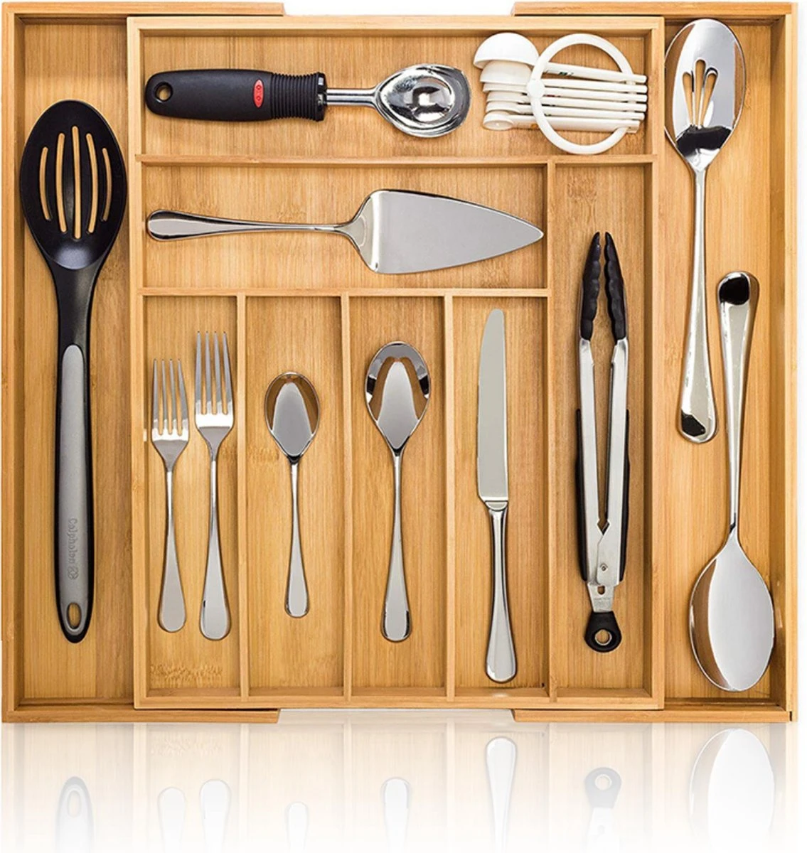 ACAZA Uitschuifbare Bestekbak In Bamboe Hout, Besteklade Met 7 Tot 9 Vakken, Ladeverdeler, Opbergbak, Bestekcassette, Verstelbaar 1 ACAZA Uitschuifbare Bestekbak In Bamboe Hout, Besteklade Met 7 Tot 9 Vakken, Ladeverdeler, Opbergbak, Bestekcassette, Verstelbaar