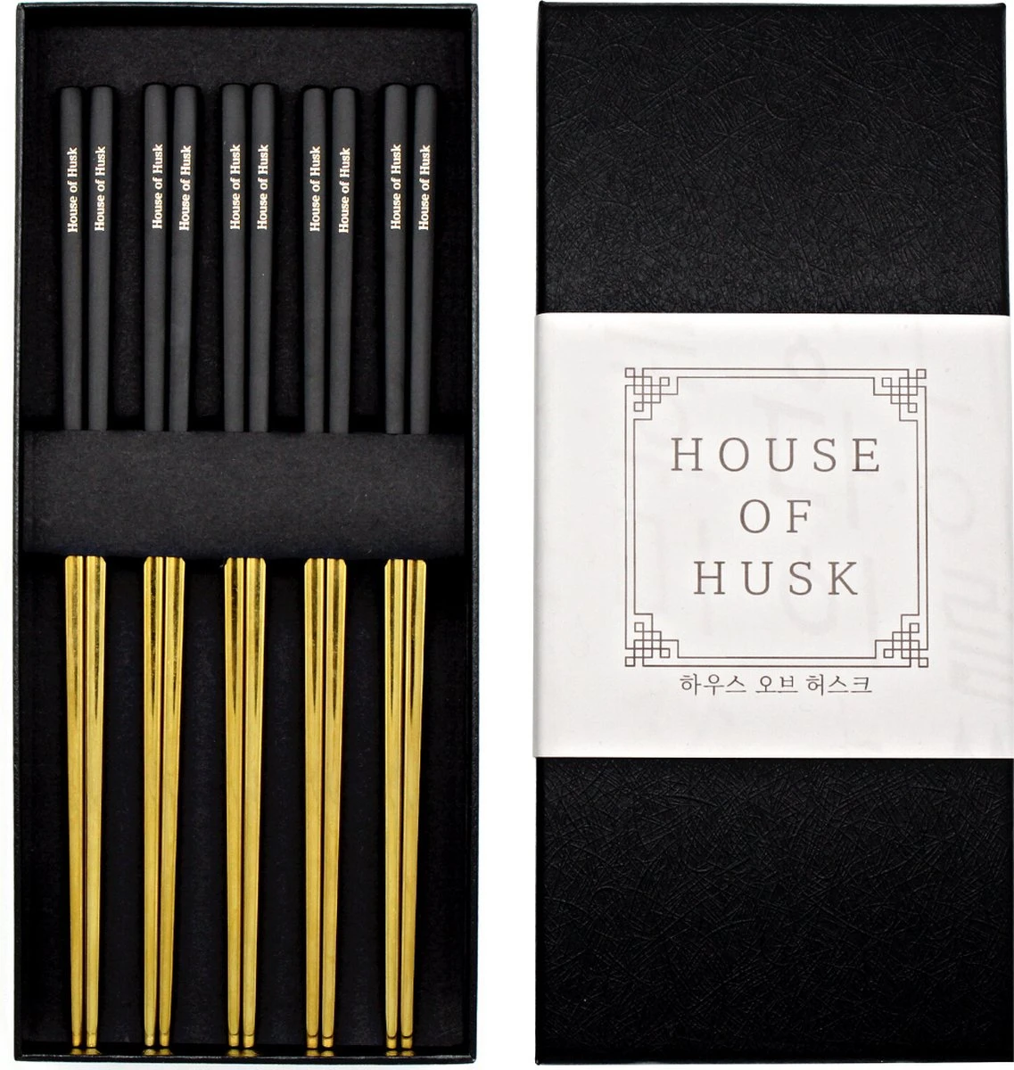 House Of Husk Chopsticks Set - Koreaanse Eetstokjes - Vaatwasserbestendig - RVS - 5 Paar - Duo Tone - Zwart Goud 1 House Of Husk Chopsticks Set - Koreaanse Eetstokjes - Vaatwasserbestendig - RVS - 5 Paar - Duo Tone - Zwart Goud
