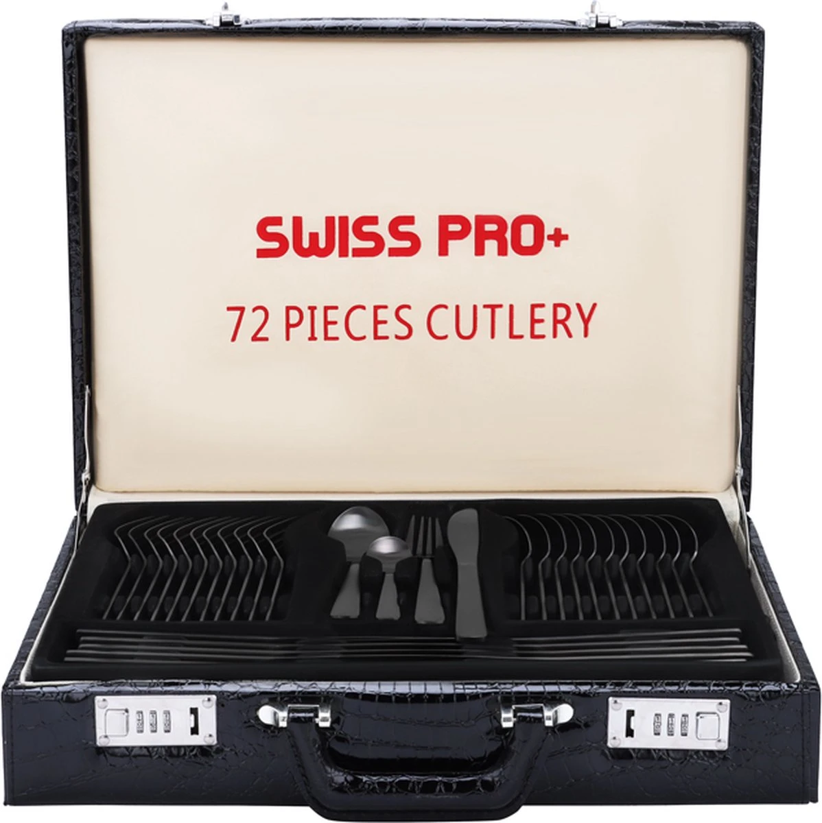 Swiss Pro+ Bestekset In Koffer-72 Delig-12 Persoons-Zwitsers Kwaliteit-Complete Set-100% Roestvrijstaal- Zwart 9 Swiss Pro+ Bestekset In Koffer-72 Delig-12 Persoons-Zwitsers Kwaliteit-Complete Set-100% Roestvrijstaal- Zwart - Afbeelding 9
