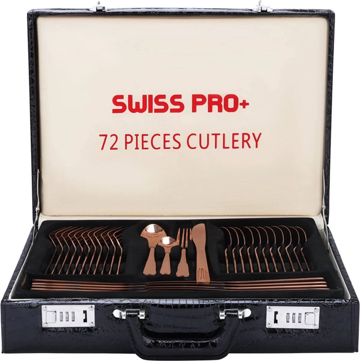 Swiss Pro+ Bestekset In Koffer-72 Delig-12 Persoons-Zwitsers Kwaliteit-Complete Set-100% Roestvrijstaal-Rose Gold 24k-Rose Goud 24K 11 Swiss Pro+ Bestekset In Koffer-72 Delig-12 Persoons-Zwitsers Kwaliteit-Complete Set-100% Roestvrijstaal-Rose Gold 24k-Rose Goud 24K - Afbeelding 11