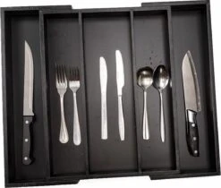 Merkloos Decopatent® Uitschuifbaar Bestekbak - Besteklade - 3 Vaks -> Uitschuifbaar Naar 5 Vakken - Bestekbakken Organizer - Bamboe - Zwart -AMEFA Winkel 1200x1018