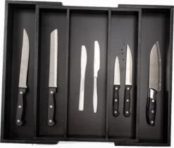 Merkloos Decopatent® Uitschuifbaar Bestekbak - Besteklade - 3 Vaks -> Uitschuifbaar Naar 5 Vakken - Bestekbakken Organizer - Bamboe - Zwart -AMEFA Winkel 1200x1020