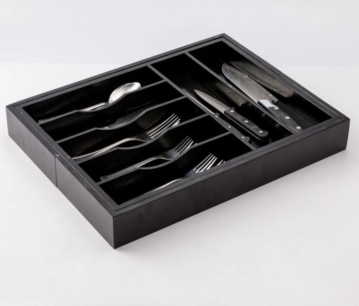 Merkloos Decopatent® Uitschuifbaar Bestekbak - Besteklade - 7 Vaks -> Uitschuifbaar Naar 9 Vakken - Bestekbakken Organizer - Bamboe - Zwart 5 Merkloos Decopatent® Uitschuifbaar Bestekbak - Besteklade - 7 Vaks -> Uitschuifbaar Naar 9 Vakken - Bestekbakken Organizer - Bamboe - Zwart - Afbeelding 5