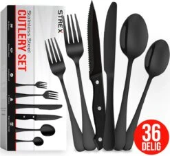 Strex Bestekset 6 Persoons - Zwart - 36-delig - Roestvrij Staal - Lepels, Messen, Vorken En Steakmessen - Hoogwaardige Kwaliteit