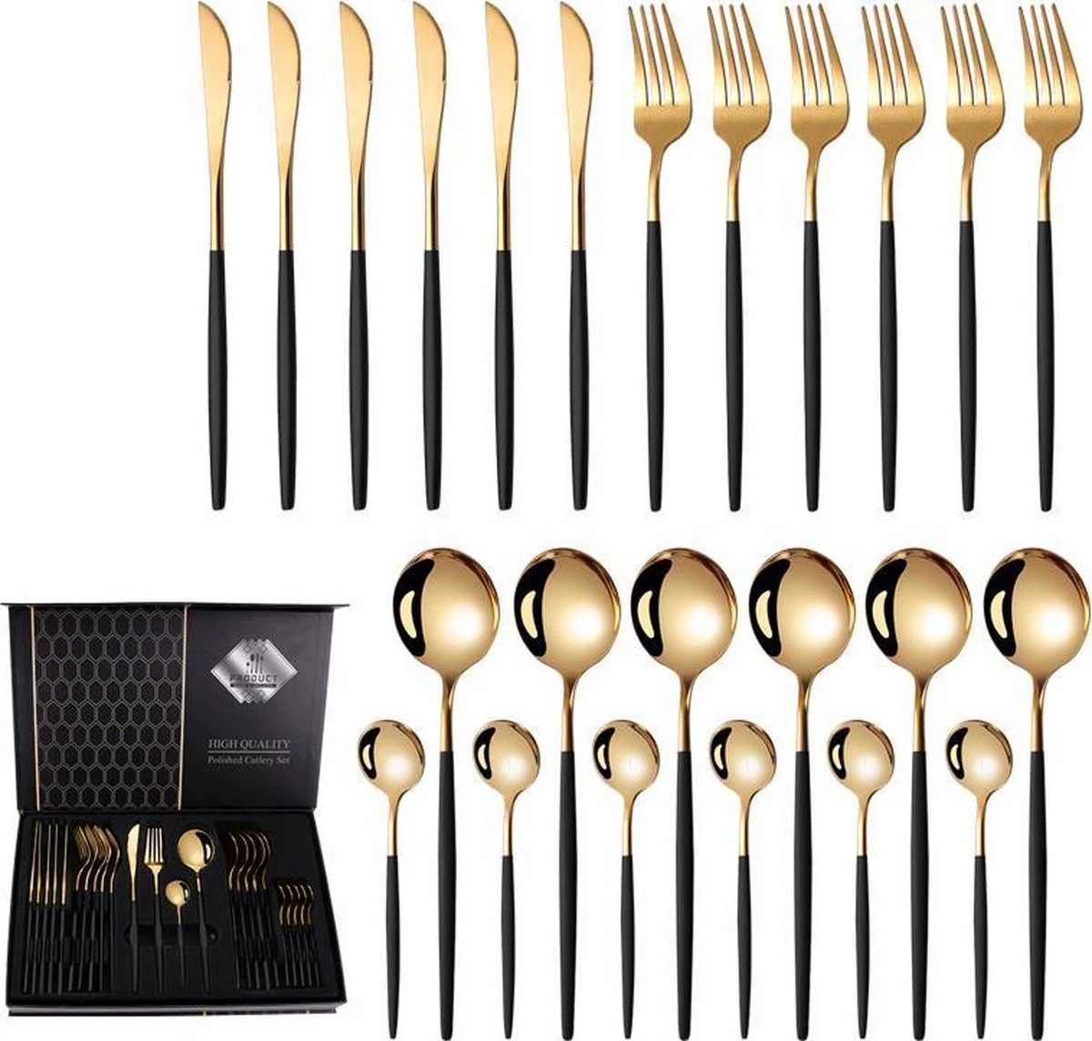 Timmers Trading Bestekset 6 Persoons - Gouden Bestek - Bestekset Goud 24 Delig - Vaatwasserbestendig 1 Timmers Trading Bestekset 6 Persoons - Gouden Bestek - Bestekset Goud 24 Delig - Vaatwasserbestendig