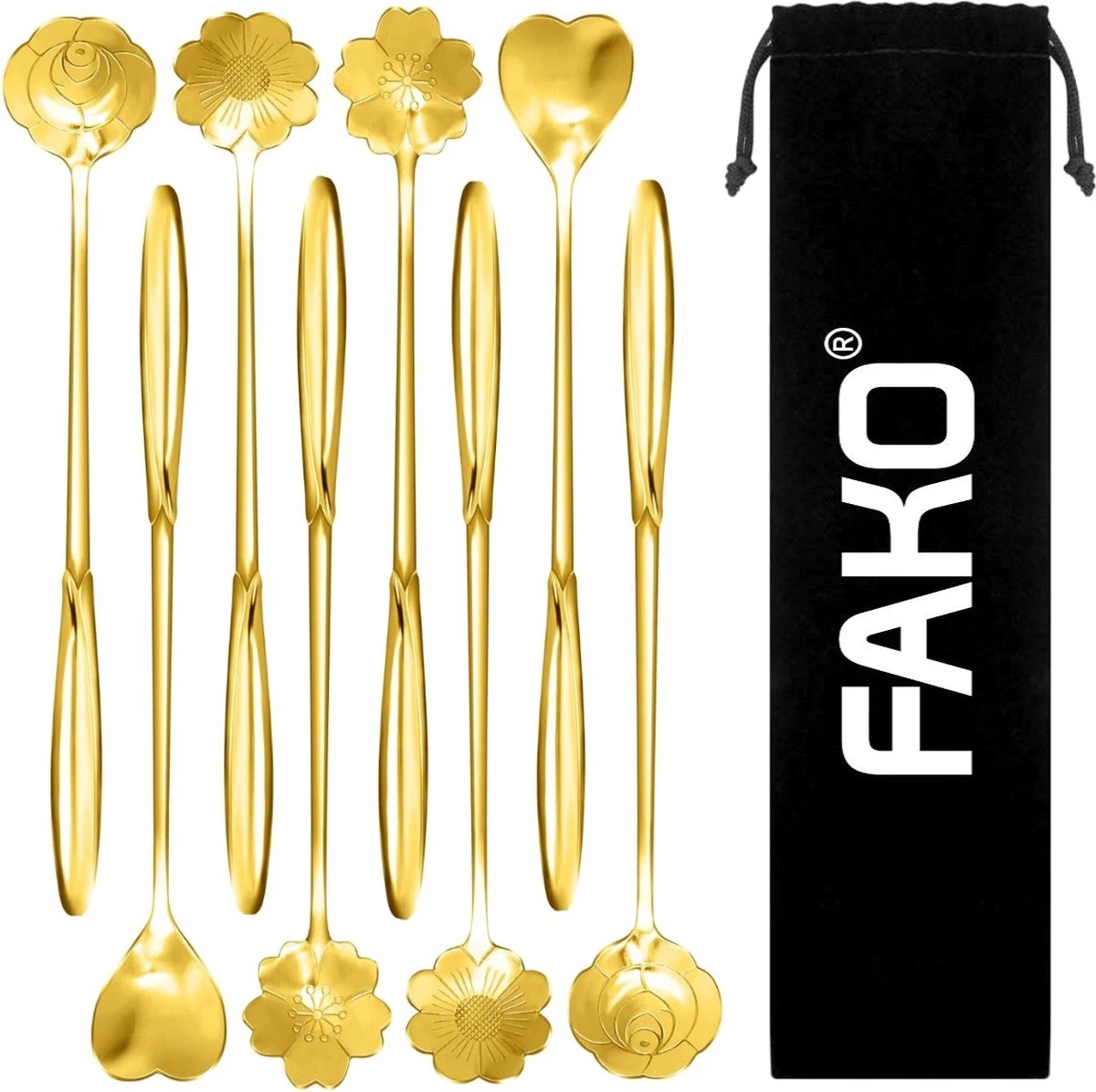 Fako Bijoux® - 8 Lange Lepels Bloem Motief - Latte Macchiato - Longdrink - Cocktail - Dessert - IJs - Koffie - Goud - 8 Stuks - Bewaarzakje 1 Fako Bijoux® - 8 Lange Lepels Bloem Motief - Latte Macchiato - Longdrink - Cocktail - Dessert - IJs - Koffie - Goud - 8 Stuks - Bewaarzakje