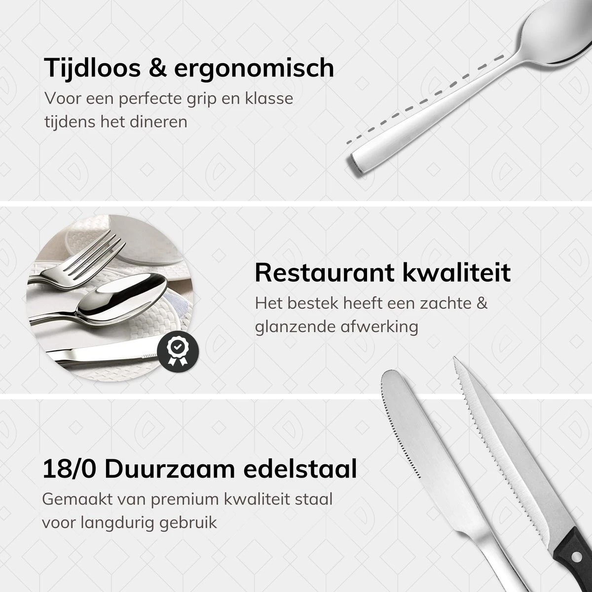 Deleca 8 Persoons Bestekset (48-delig) - Lepels, Messen, Vorken & Steakmessen - Vaatwasserbestendig - Zilver / RVS 6 Deleca 8 Persoons Bestekset (48-delig) - Lepels, Messen, Vorken & Steakmessen - Vaatwasserbestendig - Zilver / RVS - Afbeelding 6