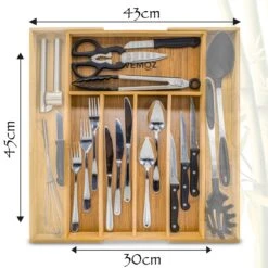 AWEMOZ Bestekbak – Bamboe Besteklade Uitschuifbaar – 5/7 Vakken - Bestekcassette - Bestekhouder Hout - Lade Organizer - Bestek Opbergen - 45 Cm Lang X 30-43 Cm Breed X 4 Cm Hoog -AMEFA Winkel 1200x1200 384