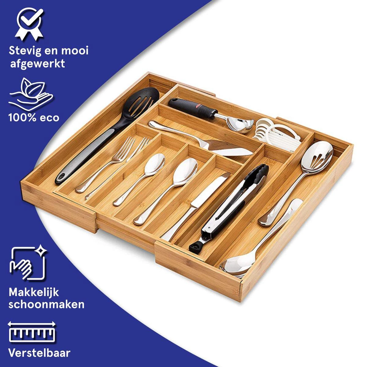 ACAZA Uitschuifbare Bestekbak In Bamboe Hout, Besteklade Met 7 Tot 9 Vakken, Ladeverdeler, Opbergbak, Bestekcassette, Verstelbaar 2 ACAZA Uitschuifbare Bestekbak In Bamboe Hout, Besteklade Met 7 Tot 9 Vakken, Ladeverdeler, Opbergbak, Bestekcassette, Verstelbaar - Afbeelding 2
