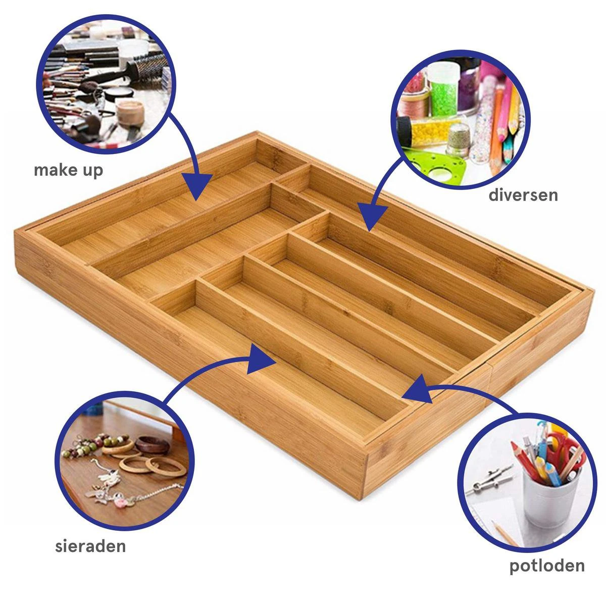 ACAZA Uitschuifbare Bestekbak In Bamboe Hout, Besteklade Met 7 Tot 9 Vakken, Ladeverdeler, Opbergbak, Bestekcassette, Verstelbaar 3 ACAZA Uitschuifbare Bestekbak In Bamboe Hout, Besteklade Met 7 Tot 9 Vakken, Ladeverdeler, Opbergbak, Bestekcassette, Verstelbaar - Afbeelding 3
