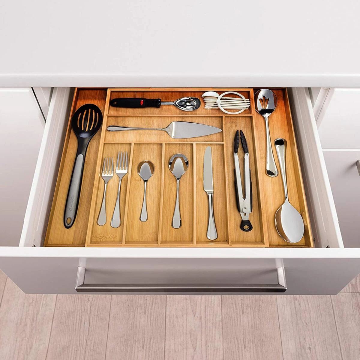 ACAZA Uitschuifbare Bestekbak In Bamboe Hout, Besteklade Met 7 Tot 9 Vakken, Ladeverdeler, Opbergbak, Bestekcassette, Verstelbaar 7 ACAZA Uitschuifbare Bestekbak In Bamboe Hout, Besteklade Met 7 Tot 9 Vakken, Ladeverdeler, Opbergbak, Bestekcassette, Verstelbaar - Afbeelding 7