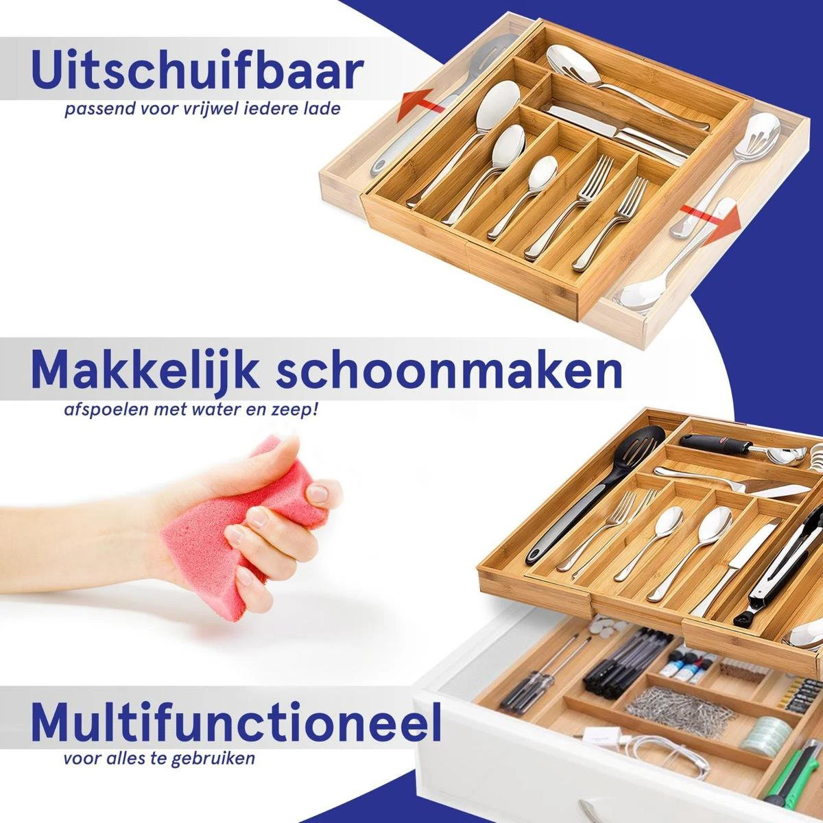 ACAZA Uitschuifbare Bestekbak In Bamboe Hout, Besteklade Met 7 Tot 9 Vakken, Ladeverdeler, Opbergbak, Bestekcassette, Verstelbaar 9 ACAZA Uitschuifbare Bestekbak In Bamboe Hout, Besteklade Met 7 Tot 9 Vakken, Ladeverdeler, Opbergbak, Bestekcassette, Verstelbaar - Afbeelding 9