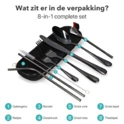 Damster Reisbestek - Verbeterde Versie - Meeneem Bestek Rvs - Reis Bestekset To Go - Incl. Herbruikbare Rietjes - Eenpersoons - Achtdelig - Zwart -AMEFA Winkel 1200x1200 81