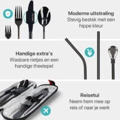 Damster Reisbestek - Verbeterde Versie - Meeneem Bestek Rvs - Reis Bestekset To Go - Incl. Herbruikbare Rietjes - Eenpersoons - Achtdelig - Zwart -AMEFA Winkel 1200x1200 85