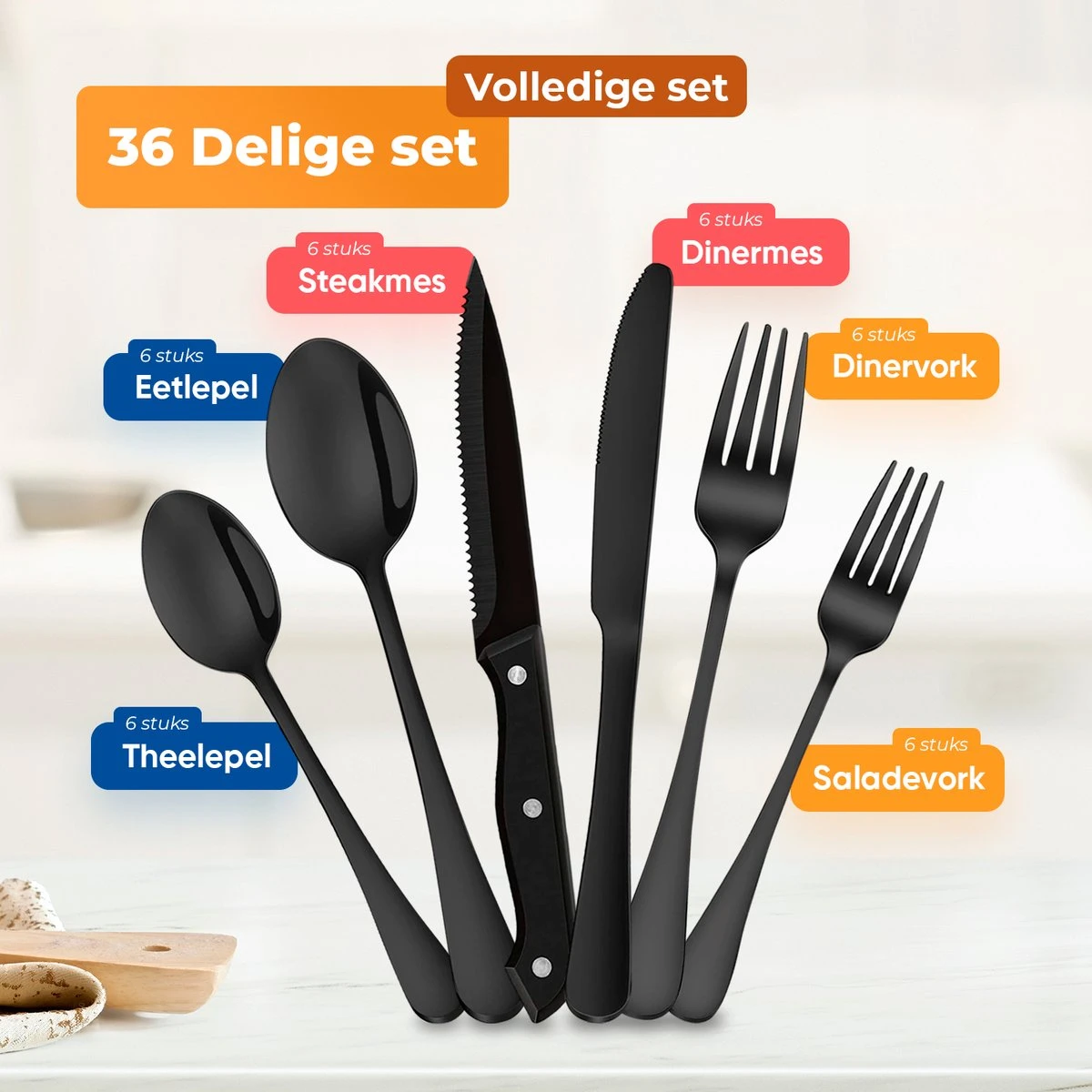 Strex Bestekset 6 Persoons - Zwart - 36-delig - Roestvrij Staal - Lepels, Messen, Vorken En Steakmessen - Hoogwaardige Kwaliteit 2 Strex Bestekset 6 Persoons - Zwart - 36-delig - Roestvrij Staal - Lepels, Messen, Vorken En Steakmessen - Hoogwaardige Kwaliteit - Afbeelding 2