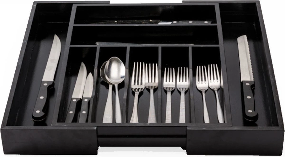 Merkloos Decopatent® Uitschuifbaar Bestekbak - Besteklade - 7 Vaks -> Uitschuifbaar Naar 9 Vakken - Bestekbakken Organizer - Bamboe - Zwart 7 Merkloos Decopatent® Uitschuifbaar Bestekbak - Besteklade - 7 Vaks -> Uitschuifbaar Naar 9 Vakken - Bestekbakken Organizer - Bamboe - Zwart - Afbeelding 7