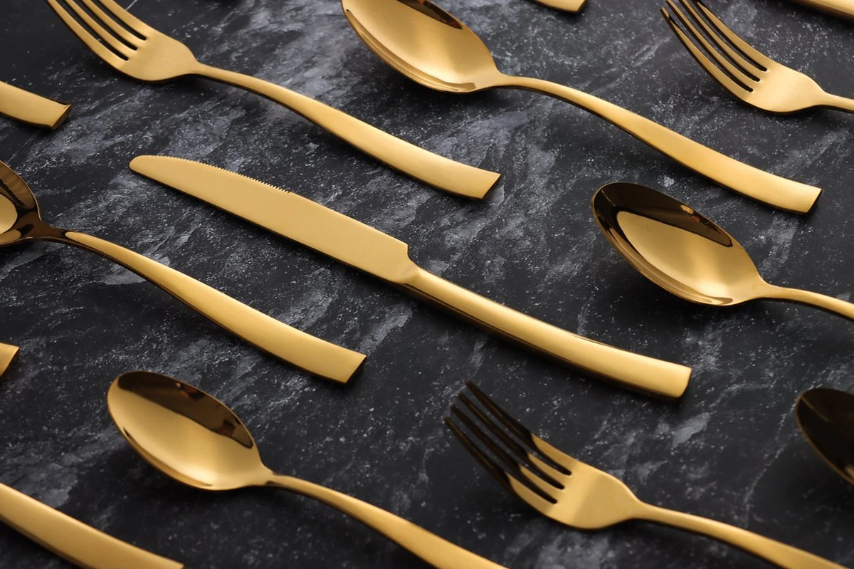 Bestekset - Bestek Goud -24 Delig-Zwitsers Kwaliteit-Complete Set-100% Roestvrijstaal-Gold 24k-Goud 24K 11 Bestekset - Bestek Goud -24 Delig-Zwitsers Kwaliteit-Complete Set-100% Roestvrijstaal-Gold 24k-Goud 24K - Afbeelding 11