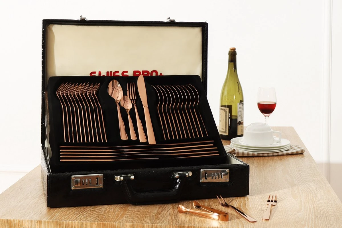 Swiss Pro+ Bestekset In Koffer-72 Delig-12 Persoons-Zwitsers Kwaliteit-Complete Set-100% Roestvrijstaal-Rose Gold 24k-Rose Goud 24K 5 Swiss Pro+ Bestekset In Koffer-72 Delig-12 Persoons-Zwitsers Kwaliteit-Complete Set-100% Roestvrijstaal-Rose Gold 24k-Rose Goud 24K - Afbeelding 5
