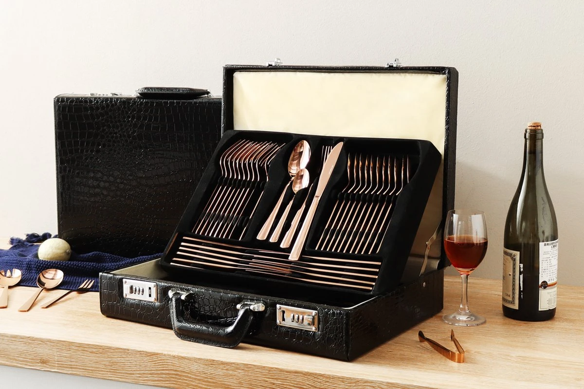 Swiss Pro+ Bestekset In Koffer-72 Delig-12 Persoons-Zwitsers Kwaliteit-Complete Set-100% Roestvrijstaal-Rose Gold 24k-Rose Goud 24K 8 Swiss Pro+ Bestekset In Koffer-72 Delig-12 Persoons-Zwitsers Kwaliteit-Complete Set-100% Roestvrijstaal-Rose Gold 24k-Rose Goud 24K - Afbeelding 8