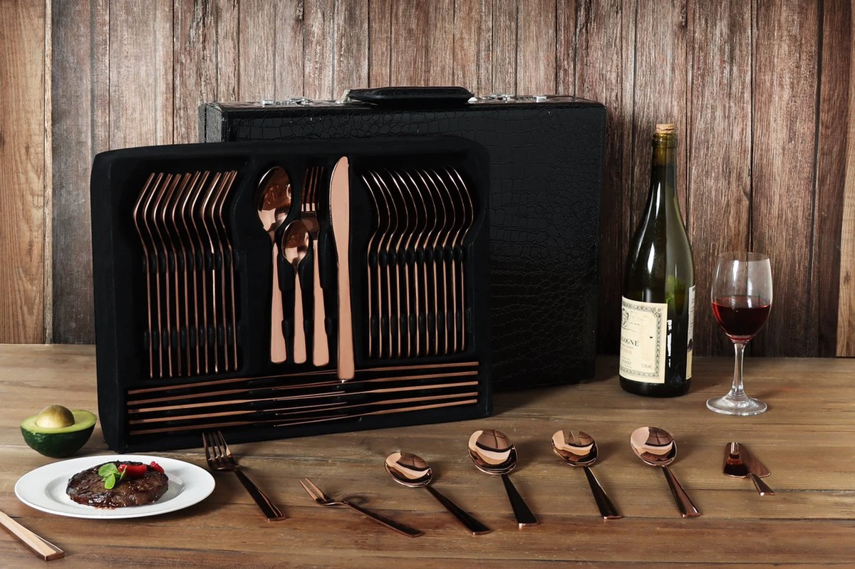 Swiss Pro+ Bestekset In Koffer-72 Delig-12 Persoons-Zwitsers Kwaliteit-Complete Set-100% Roestvrijstaal-Rose Gold 24k-Rose Goud 24K 10 Swiss Pro+ Bestekset In Koffer-72 Delig-12 Persoons-Zwitsers Kwaliteit-Complete Set-100% Roestvrijstaal-Rose Gold 24k-Rose Goud 24K - Afbeelding 10