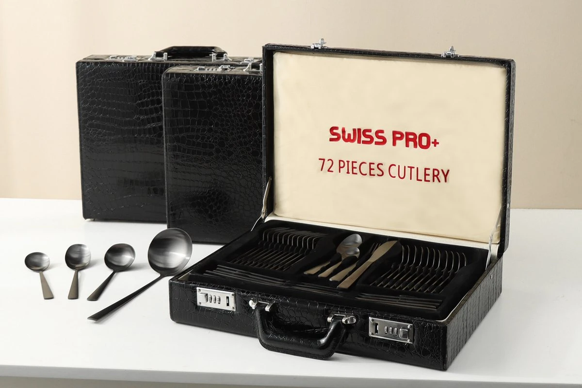 Swiss Pro+ Bestekset In Koffer-72 Delig-12 Persoons-Zwitsers Kwaliteit-Complete Set-100% Roestvrijstaal- Zwart 16 Swiss Pro+ Bestekset In Koffer-72 Delig-12 Persoons-Zwitsers Kwaliteit-Complete Set-100% Roestvrijstaal- Zwart - Afbeelding 16