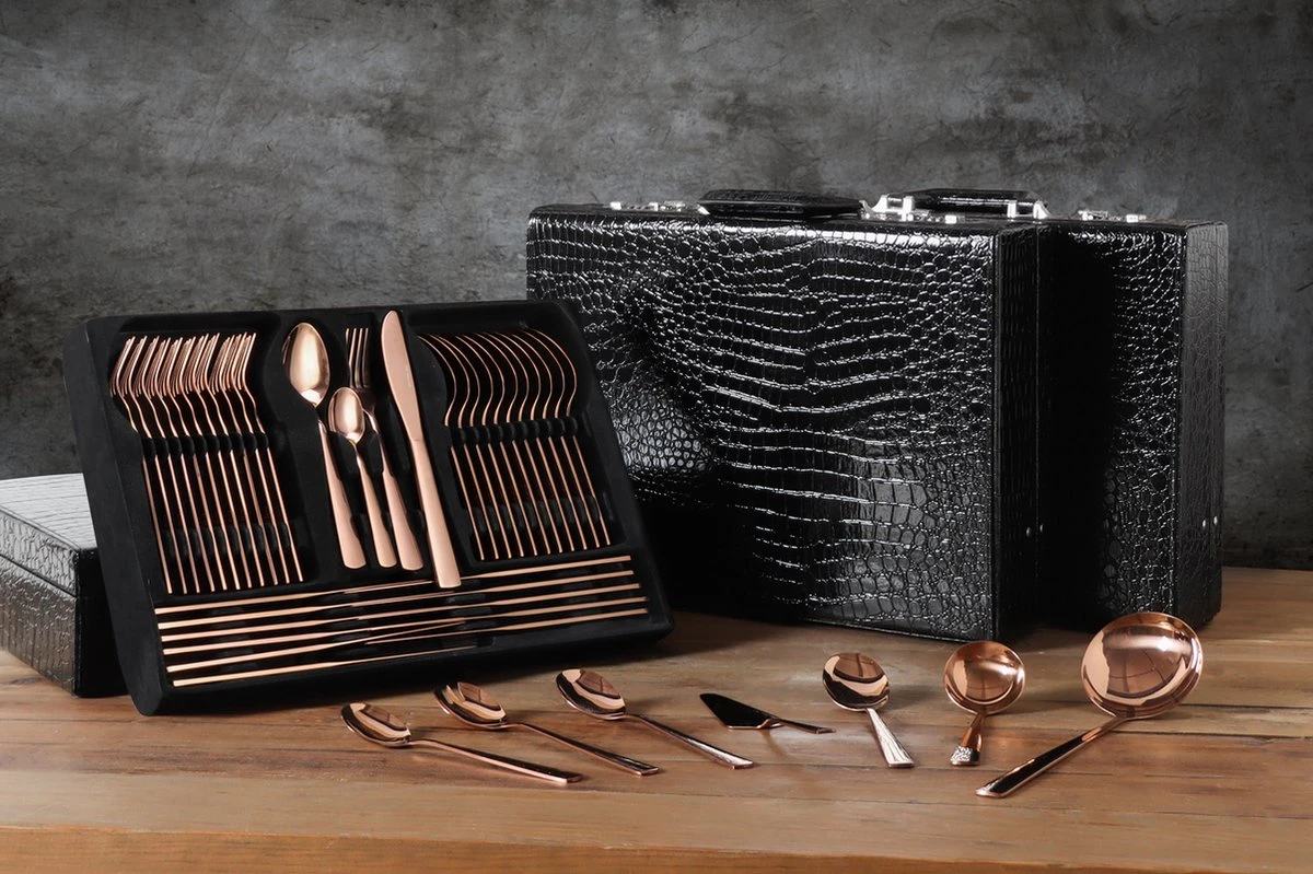 Swiss Pro+ Bestekset In Koffer-72 Delig-12 Persoons-Zwitsers Kwaliteit-Complete Set-100% Roestvrijstaal-Rose Gold 24k-Rose Goud 24K 15 Swiss Pro+ Bestekset In Koffer-72 Delig-12 Persoons-Zwitsers Kwaliteit-Complete Set-100% Roestvrijstaal-Rose Gold 24k-Rose Goud 24K - Afbeelding 15