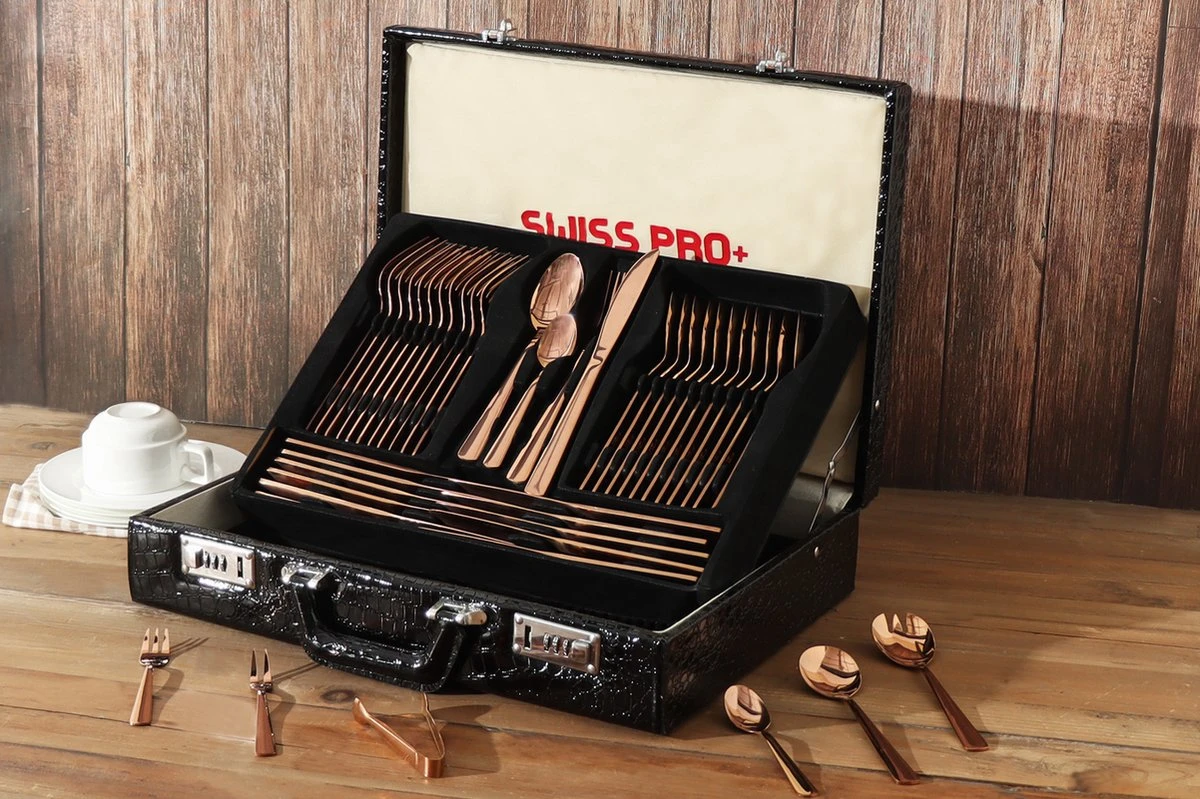Swiss Pro+ Bestekset In Koffer-72 Delig-12 Persoons-Zwitsers Kwaliteit-Complete Set-100% Roestvrijstaal-Rose Gold 24k-Rose Goud 24K 16 Swiss Pro+ Bestekset In Koffer-72 Delig-12 Persoons-Zwitsers Kwaliteit-Complete Set-100% Roestvrijstaal-Rose Gold 24k-Rose Goud 24K - Afbeelding 16