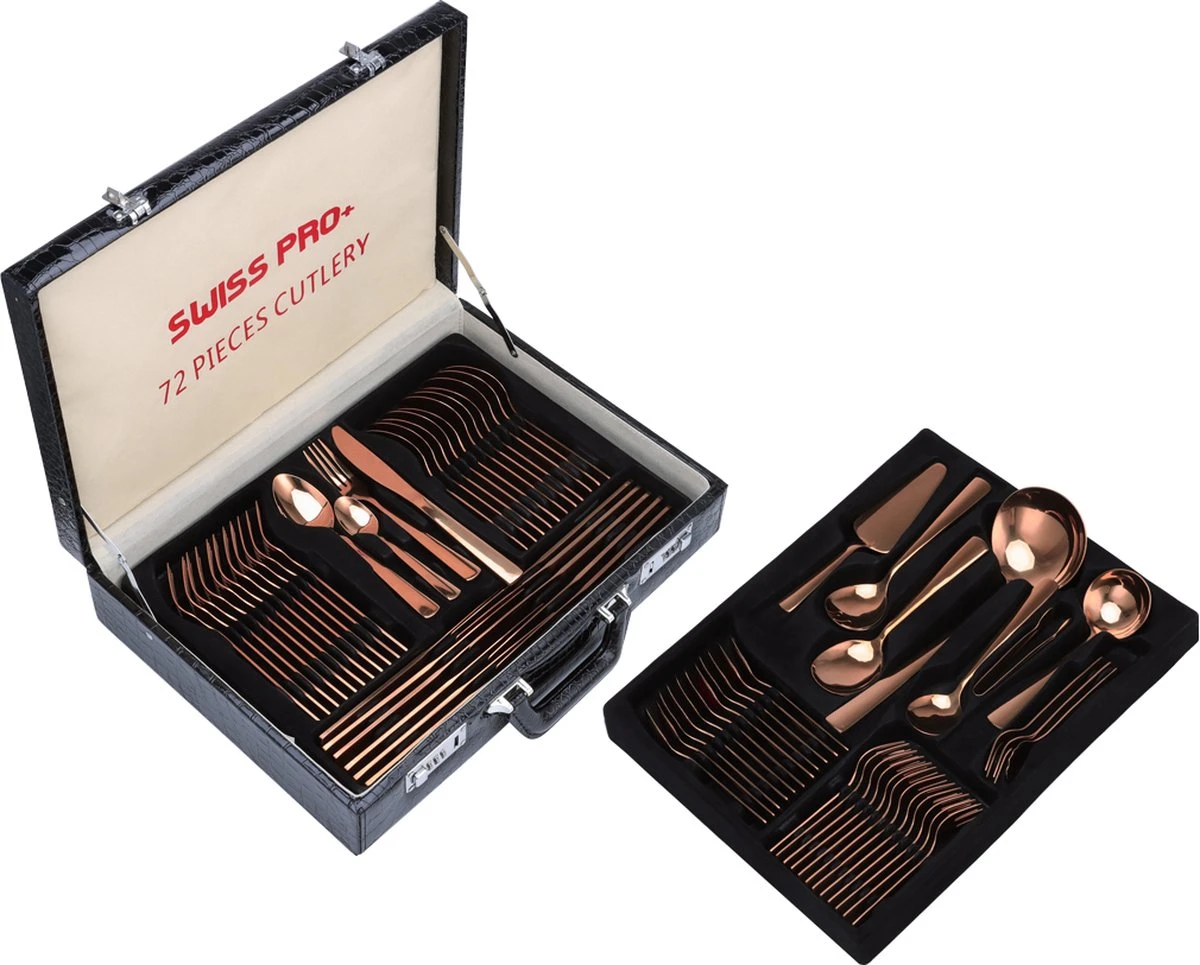 Swiss Pro+ Bestekset In Koffer-72 Delig-12 Persoons-Zwitsers Kwaliteit-Complete Set-100% Roestvrijstaal-Rose Gold 24k-Rose Goud 24K 2 Swiss Pro+ Bestekset In Koffer-72 Delig-12 Persoons-Zwitsers Kwaliteit-Complete Set-100% Roestvrijstaal-Rose Gold 24k-Rose Goud 24K - Afbeelding 2