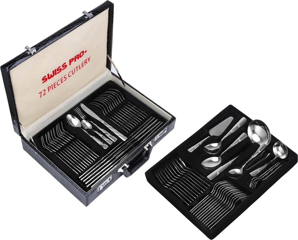 Swiss Pro+ Bestekset In Koffer-72 Delig-12 Persoons-Zwitsers Kwaliteit-Complete Set-100% Roestvrijstaal-Modern 6 Swiss Pro+ Bestekset In Koffer-72 Delig-12 Persoons-Zwitsers Kwaliteit-Complete Set-100% Roestvrijstaal-Modern - Afbeelding 6